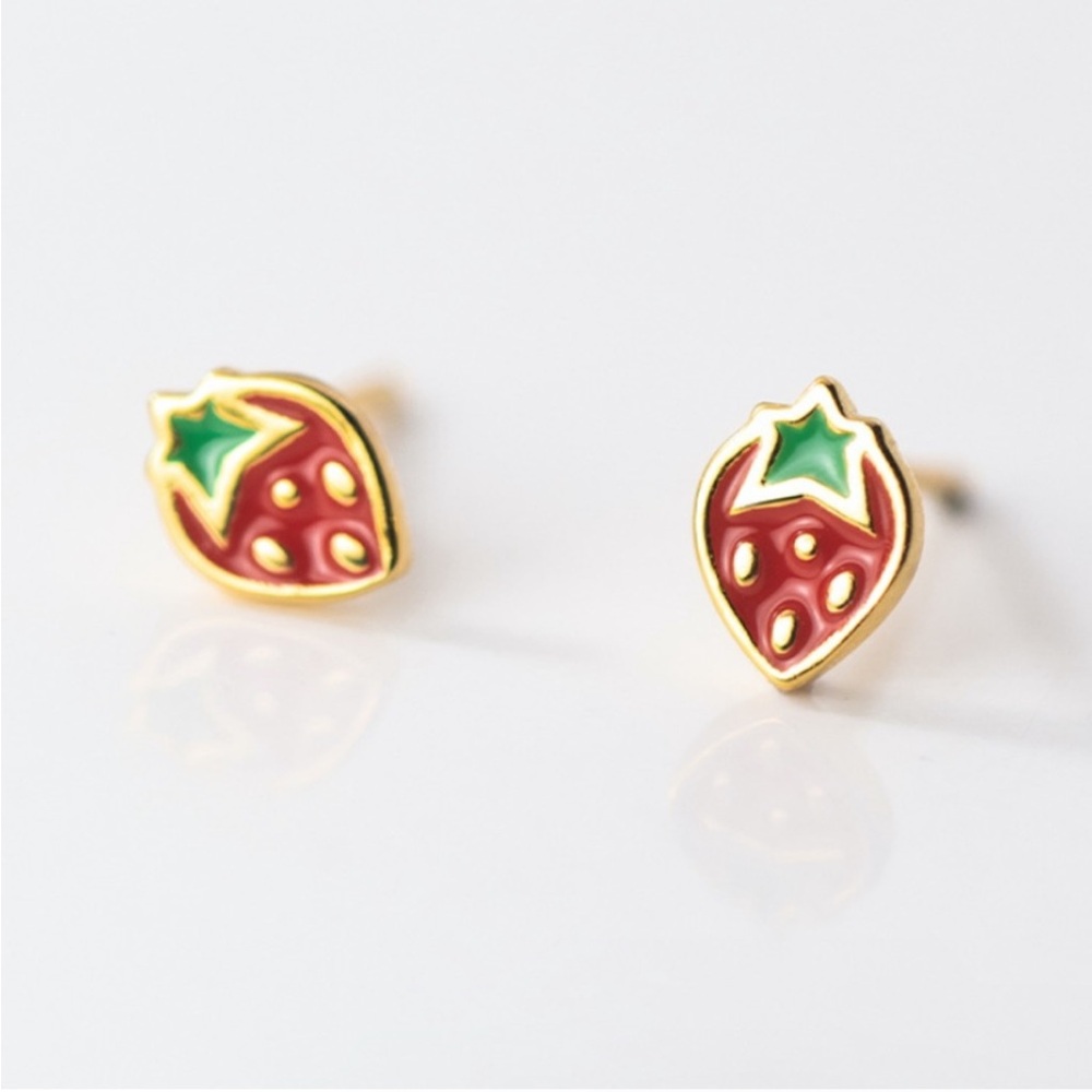 Gold Sterling Silver Strawberry Dainty Minimalist Stud Post Earrings
